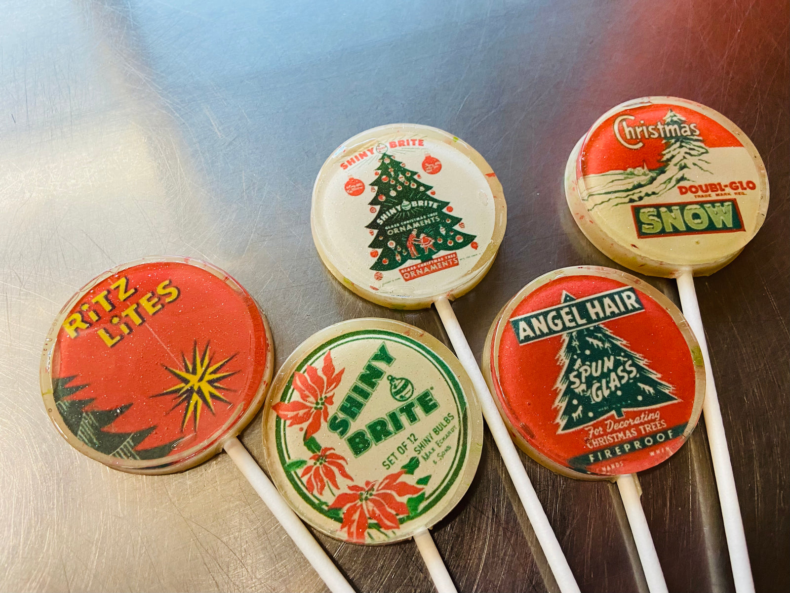Vintage Tinsel Box Top Lollipops 5-piece set by I Want Candy!
