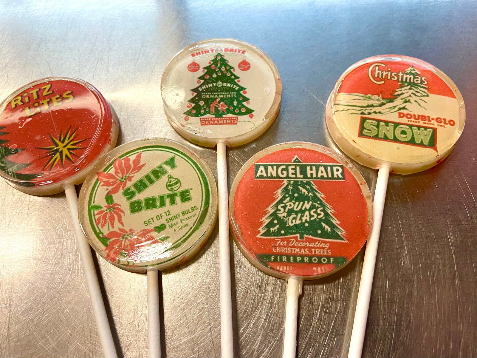 Vintage Tinsel Box Top Lollipops 5-piece set by I Want Candy!